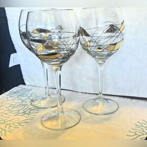 Lot/3 Vintage MCM Gold Mosaic Crystal Balloon Wine Glasses 8"